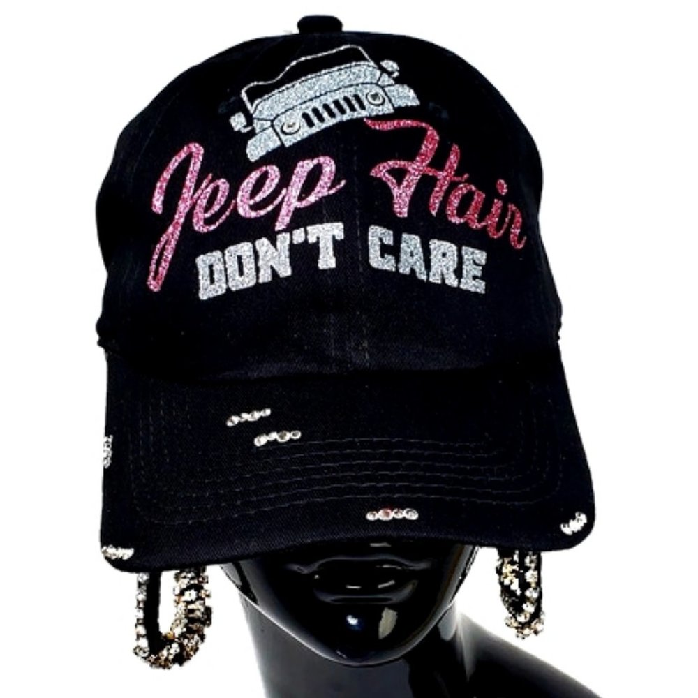 Jeep Hair Don't Care Black Baseball Adjustable Cap with Swarovski Crysta…